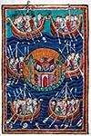 Viking ships arriving in Britain; English illuminated manuscript, ca. 1130